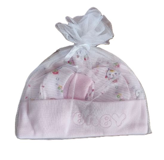 నవజాత శిశువు టోపీ, చేతి తొడుగులు మరియు బూటీల సెట్" యొక్క చిత్రం